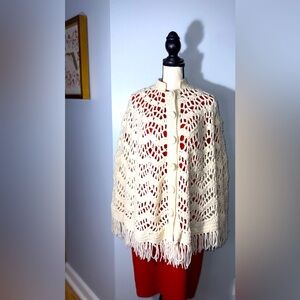 60’s/70’s Handmade Creamy White Crocheted Button Down Poncho With Fringe Trim!